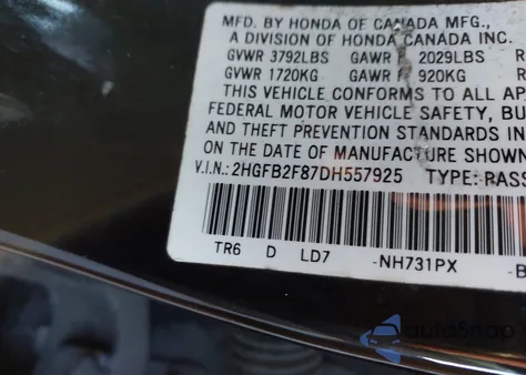 2013 Honda Civic Ex z USA, uszkodzony, nr VIN 2HGFB2F87DH557925